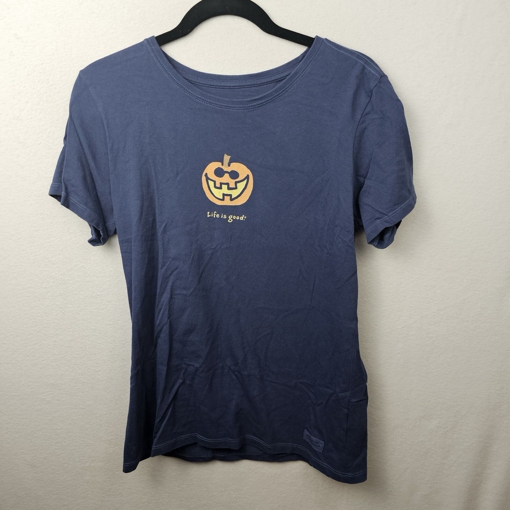 Life Is Good Shirt Woman's Size Medium Navy Blue Short Sleeve T-Shirt Pumpkin